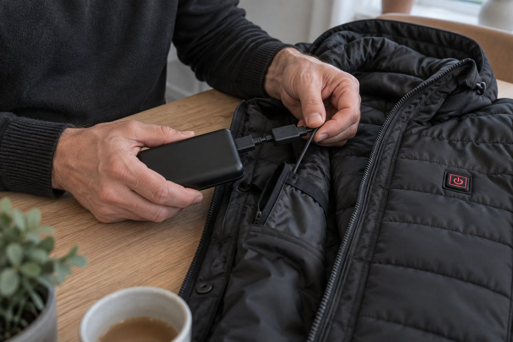 Handen controleren de USB-kabel en powerbank van een verwarmde jas