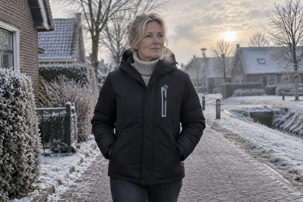 Vrouw loopt op een koude wintermorgen door een Nederlands dorp