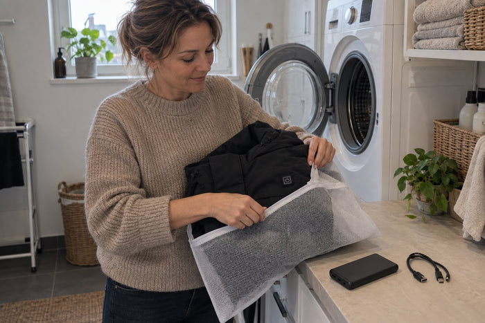 Verwarmde jas gaat in een waszak, de powerbank ligt ernaast