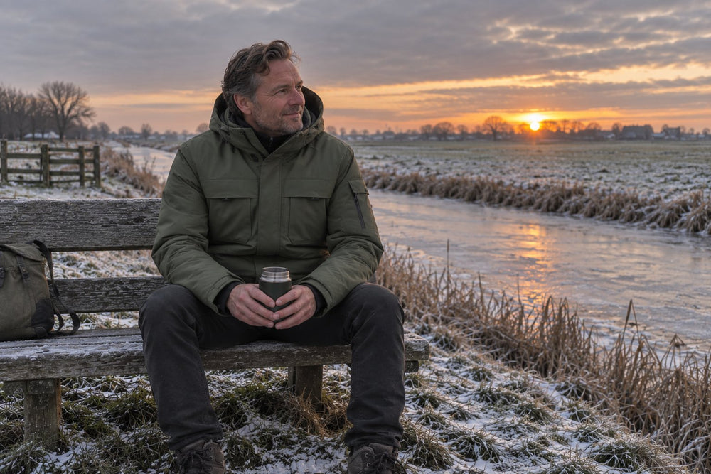 Man op een bankje in de polder aan het eind van een winterwandeling