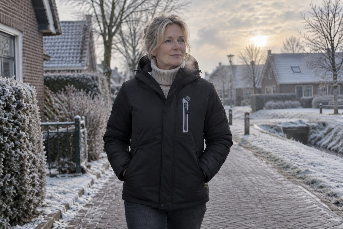 Vrouw loopt op een koude wintermorgen door een Nederlands dorp