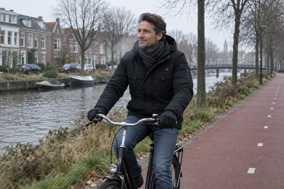 Man fietst in een verwarmde jas langs de gracht