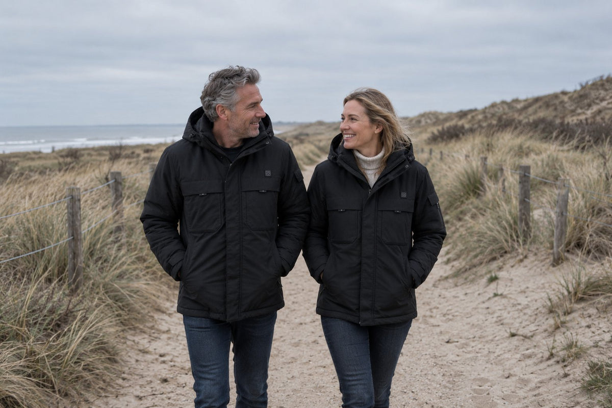 Stel wandelt in verwarmde jassen door de Nederlandse duinen