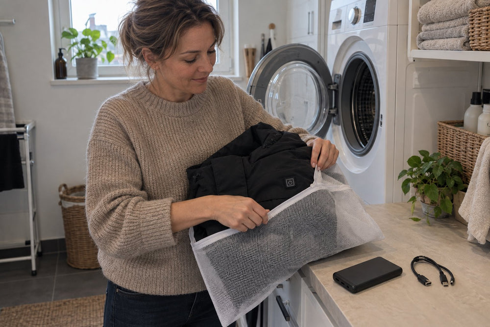 Verwarmde jas gaat in een waszak, de powerbank ligt ernaast
