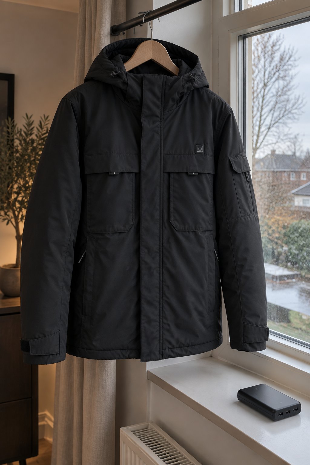 Verwarmde jas hangt te drogen bij het raam