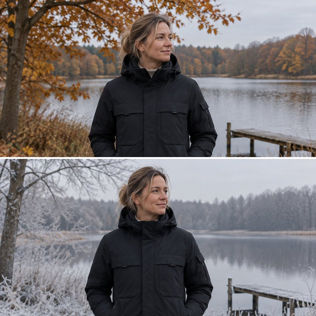 Dezelfde jas in de herfst en in de winter aan het meer