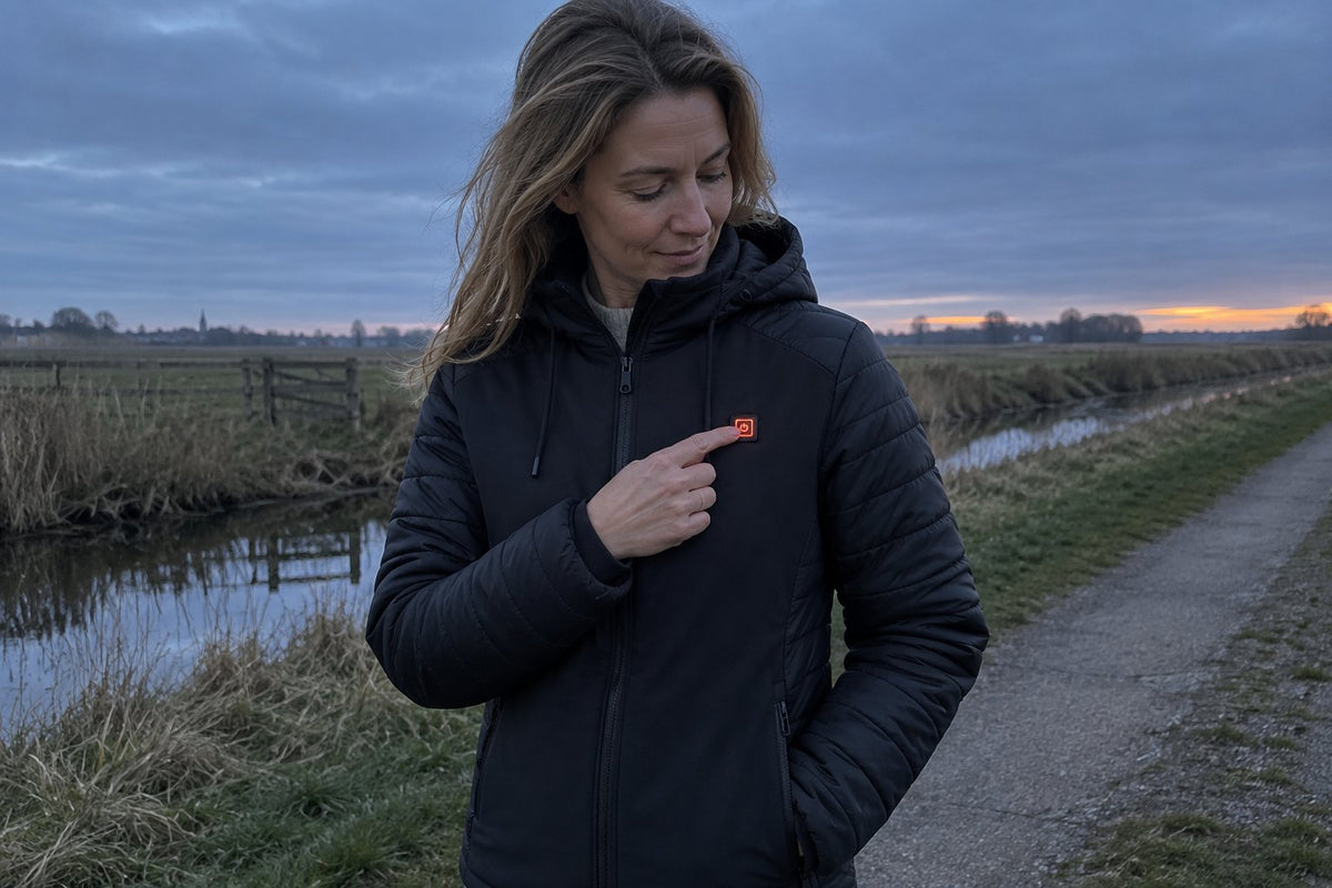 Vrouw zet de verwarming van haar jas aan in de polder bij schemering