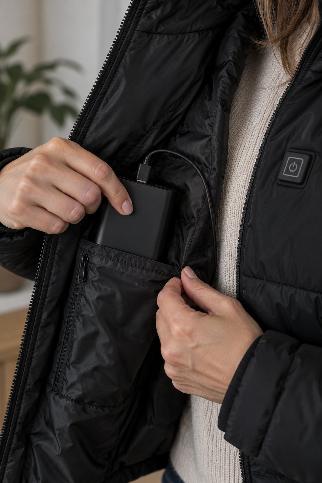 Powerbank gaat in de binnenzak van de verwarmde jas