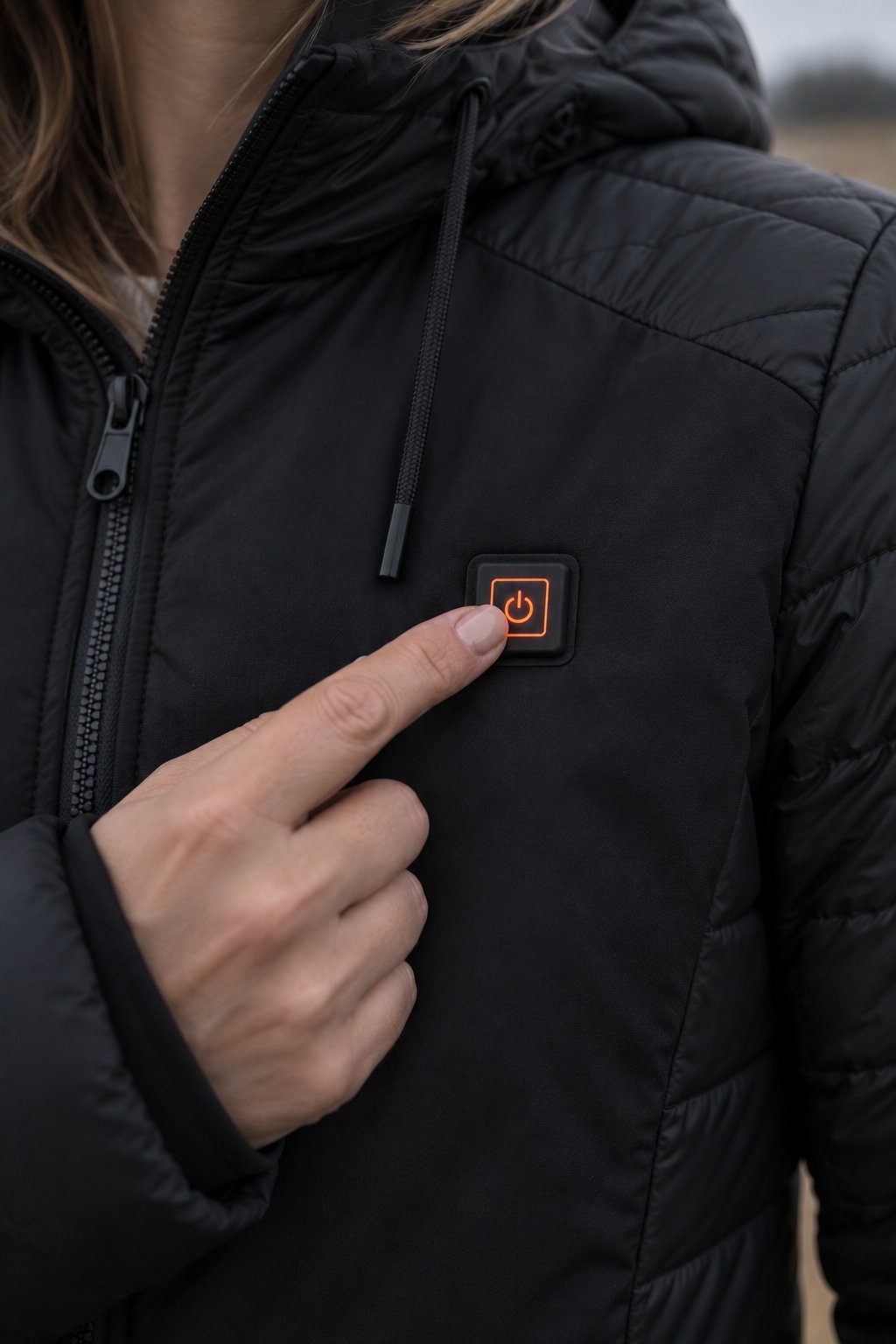 Vinger drukt op de aan-uitknop van de verwarmde jas