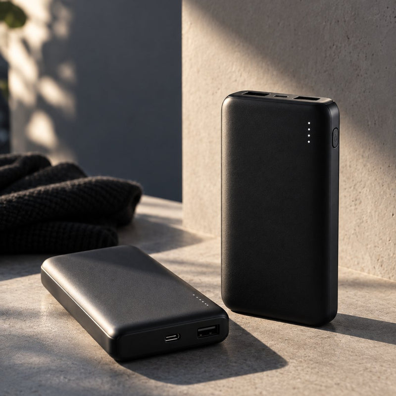 Twee zwarte powerbanks in het zonlicht