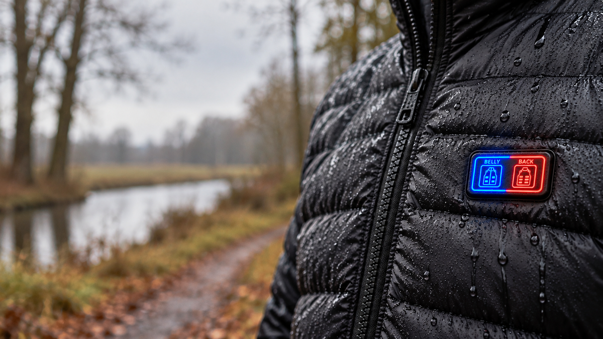 Close-up van het bedieningspaneel op een verwarmde TERMVO-jas, met regendruppels, langs een sloot op een grijze winterdag