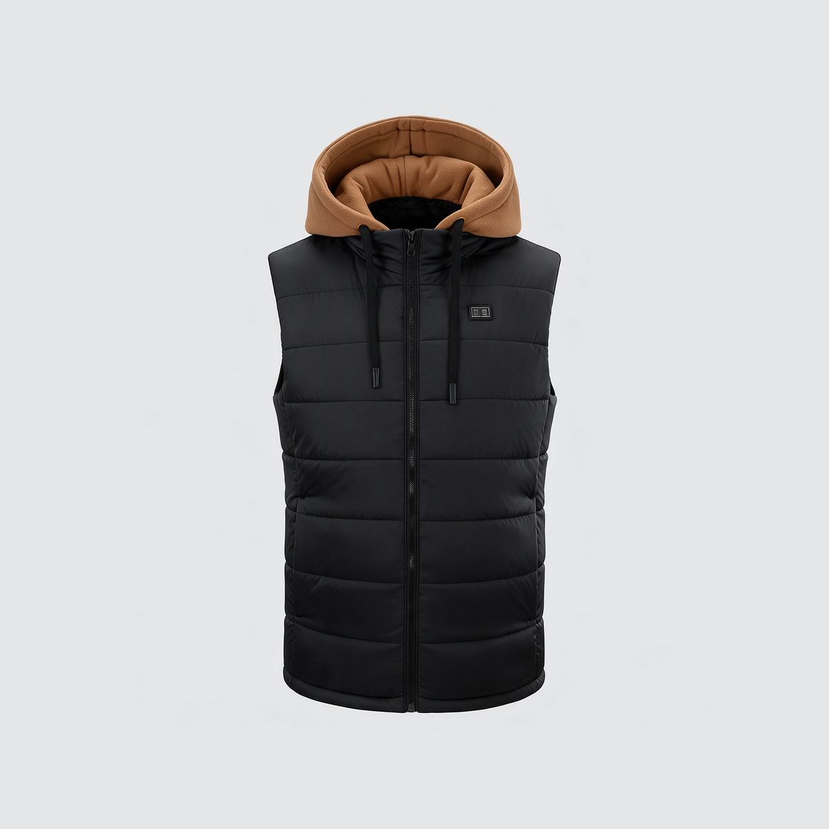 Verwarmde bodywarmer met camel fleece capuchon